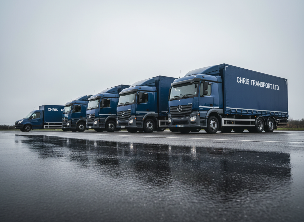 A row of meticulously aligned delivery trucks in varying sizes, from compact vans to large articulated lorries, all in matching deep-blue livery with discreet “CHRIS TRANSPORT LTD” branding along the sides. They are parked on a clean, wet tarmac yard that gently reflects their silhouettes, suggesting a recent light rain. The sky is overcast with soft, diffused daylight, eliminating harsh shadows and creating a calm, controlled atmosphere. Shot from a low, wide-angle perspective in photographic realism, with strong leading lines pulling the eye down the row of vehicles, the image conveys fleet capacity, readiness, and reliability while maintaining a clean, professional aesthetic.