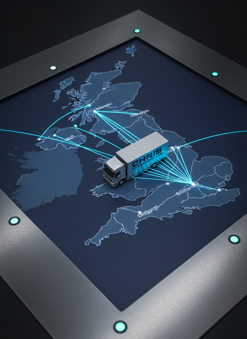 A detailed map of the United Kingdom printed on a smooth, matte navy-blue surface, with major cities connected by crisp, glowing logistical route lines converging toward a small, silver 3D model delivery truck labeled “CHRIS TRANSPORT LTD.” The map rests on a dark, brushed-metal tabletop in a clean operations room, surrounded by softly illuminated LED indicators embedded in the surface. Cool, diffused overhead lighting creates minimal reflections and precise, readable details. Captured from a slightly elevated angle with photographic realism and sharp focus throughout, the composition feels modern, organized, and strategic, representing nationwide coverage, speed, and reliability in a clear, professional manner.