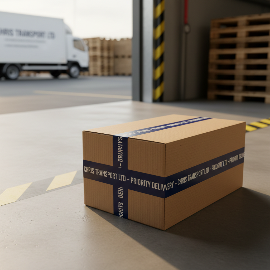 A close-up photographic realism shot of a sturdy, corrugated cardboard parcel sealed with crisp, navy-blue packing tape printed with “CHRIS TRANSPORT LTD – PRIORITY DELIVERY.” The box rests on a spotless, light-gray loading bay platform, with yellow-and-black safety edge markings leading toward a slightly open dock door. Soft late-afternoon light filters in from outside, casting gentle shadows and a warm glow on the box’s textured surface. The background shows out-of-focus hints of a parked delivery vehicle and stacked pallets, adding context without clutter. Framed using the rule of thirds with shallow depth of field, the mood is efficient, reliable, and detail-oriented, suggesting careful handling and on-time delivery.
