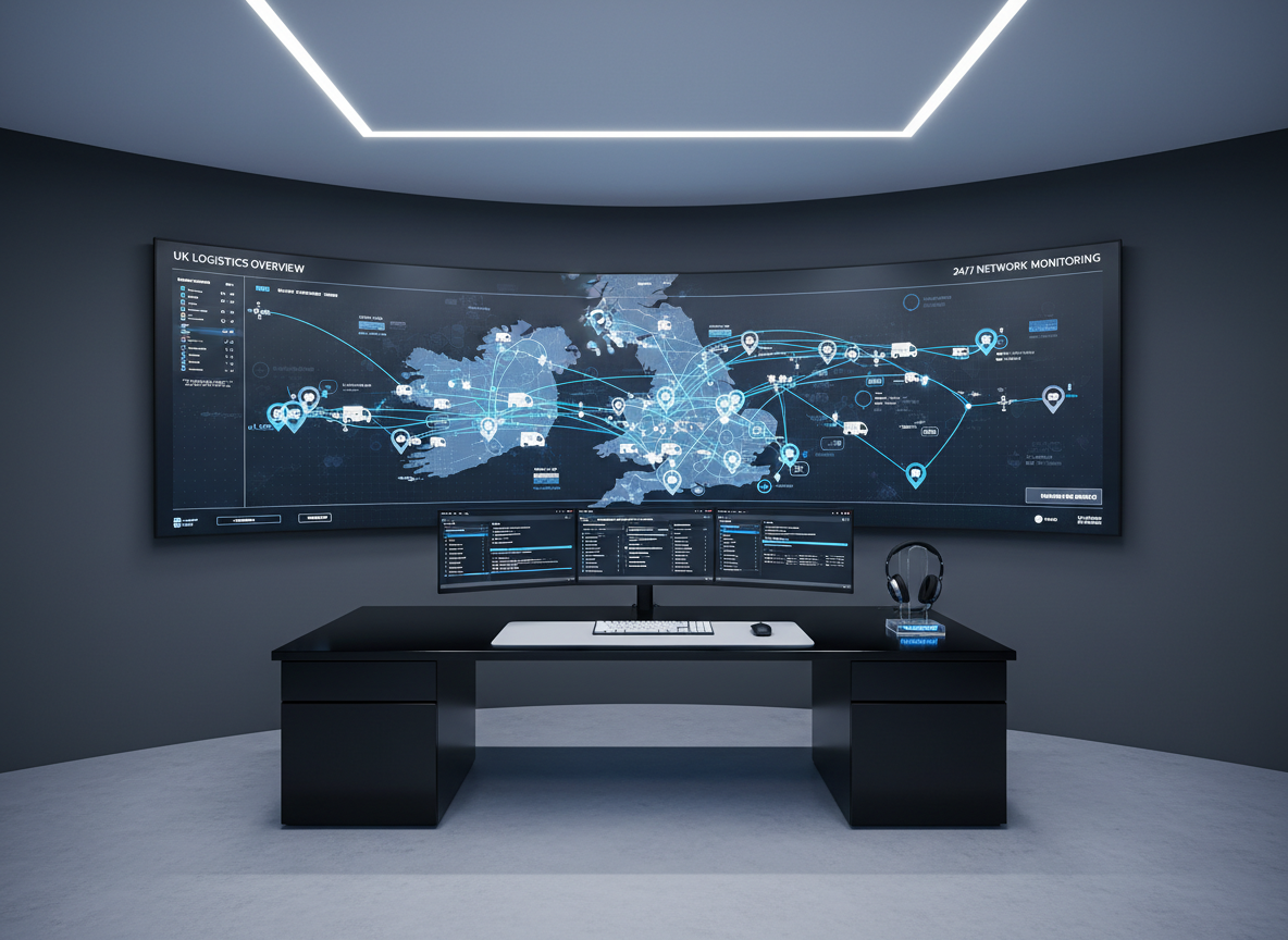 A modern logistics control room featuring a large, ultra-wide digital dashboard mounted on a matte charcoal-gray wall, displaying real-time delivery routes across the UK, live vehicle locations, and status indicators in clean blue and white graphics. Beneath the screen, a sleek, uncluttered workstation hosts neatly arranged monitors, a minimalist keyboard, and a labeled headset resting on a stand, implying 24/7 customer support without showing people. Cool, even LED ceiling lighting bathes the space, creating soft reflections on polished surfaces. Captured straight-on in photographic realism with sharp focus, the atmosphere is calm, highly organized, and reassuringly high-tech, emphasizing responsive communication and constant monitoring.